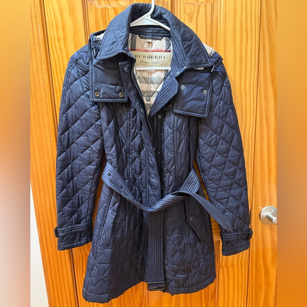 Burberry Quilted Navy Belted Trench Coat with Signature Lining